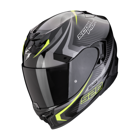 CASCO SCORPION EXO 520 EVO AIR TERRA NEGRO PLATA AMARILLO NEON