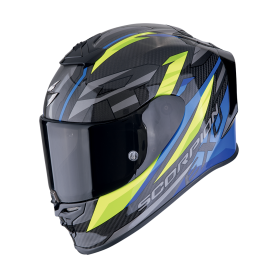 CASCO SCORPION EXO R1 EVO CARBON AIR RUNNER NEGRO AZUL AMARILLO NEON